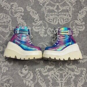 Demonia Womens Platform Ankle Boots Multicolor Holographic Lace Up Zipper